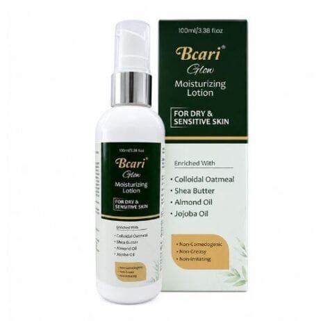 BCARI GLOW Moisturizing Lotion | Deep Hydration | Nourishment and Repair | Non-Gresay Formula | Soothes Irritation | Improves Skin Tone | Enriched with Colloidal Oatmeal, Shea Butter, Almond Oil, Jojoba Oil | For Men & Women (100 ml)